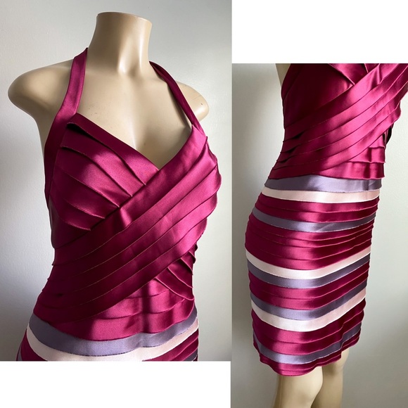 BCBGMAXAZRIA Satin Tiered Halter Y2K Mini Bodycon Backless Shutter Pleatef Dress - Picture 10 of 11